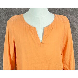 J Jill Top Womens Medium Tall Orange 100% Linen V Neck Pullover Tunic Blouse